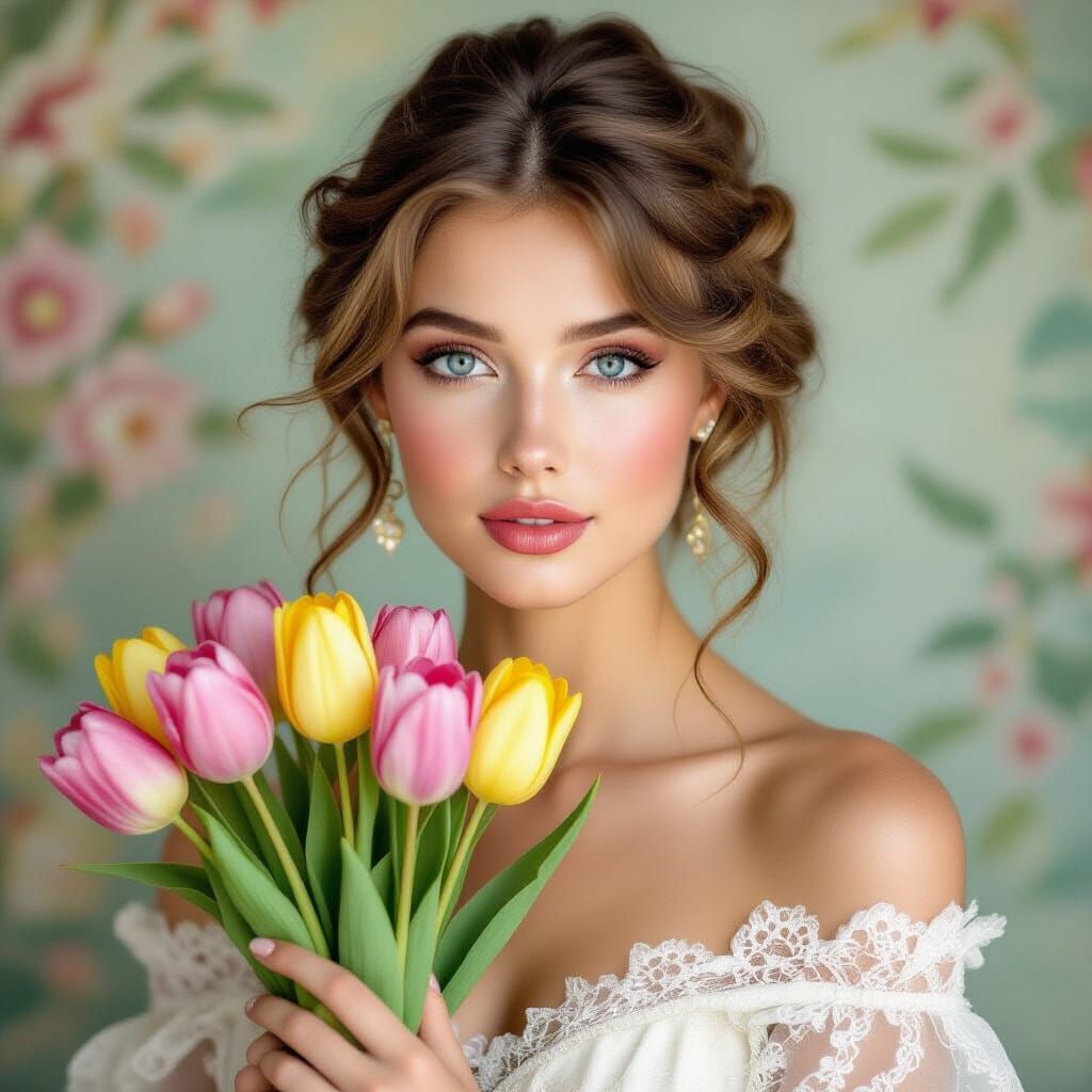 Elegant Woman with Tulips in Art Nouveau Style