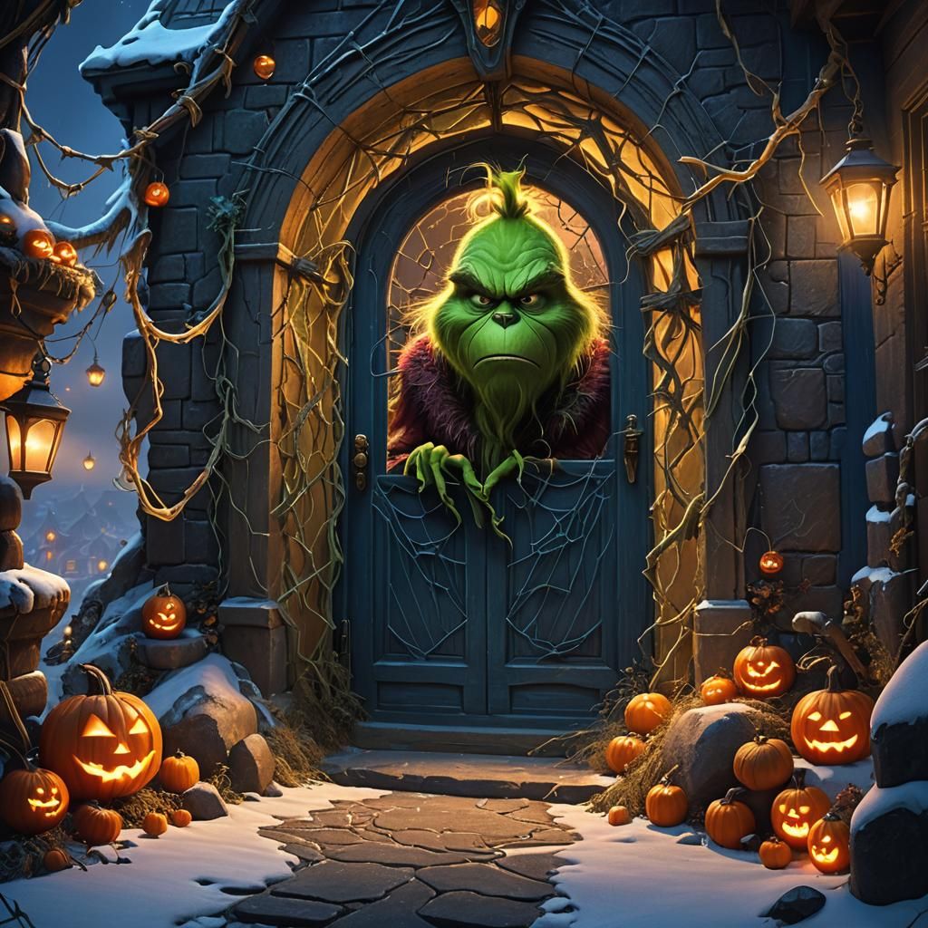 Grinch in Mystical Town with Jack-o-Lanterns