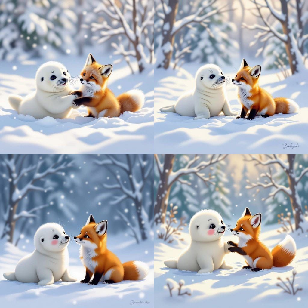 Cute Baby Seal and Fox Kit Play in Snowy Landscape