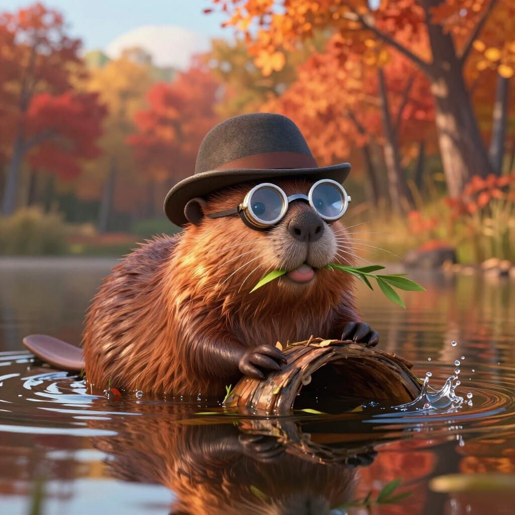 Pixar-Style Beaver in Boater Hat with Monocle