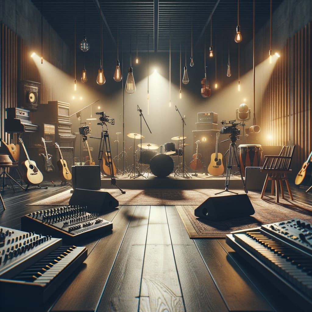Epic Film-Style Music Venue with Instruments Ready for the S...