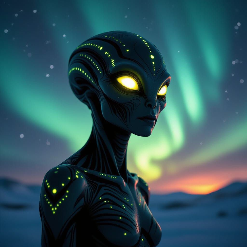 Alien Silhouette Against Aurora Borealis: Hyperrealistic Sty...