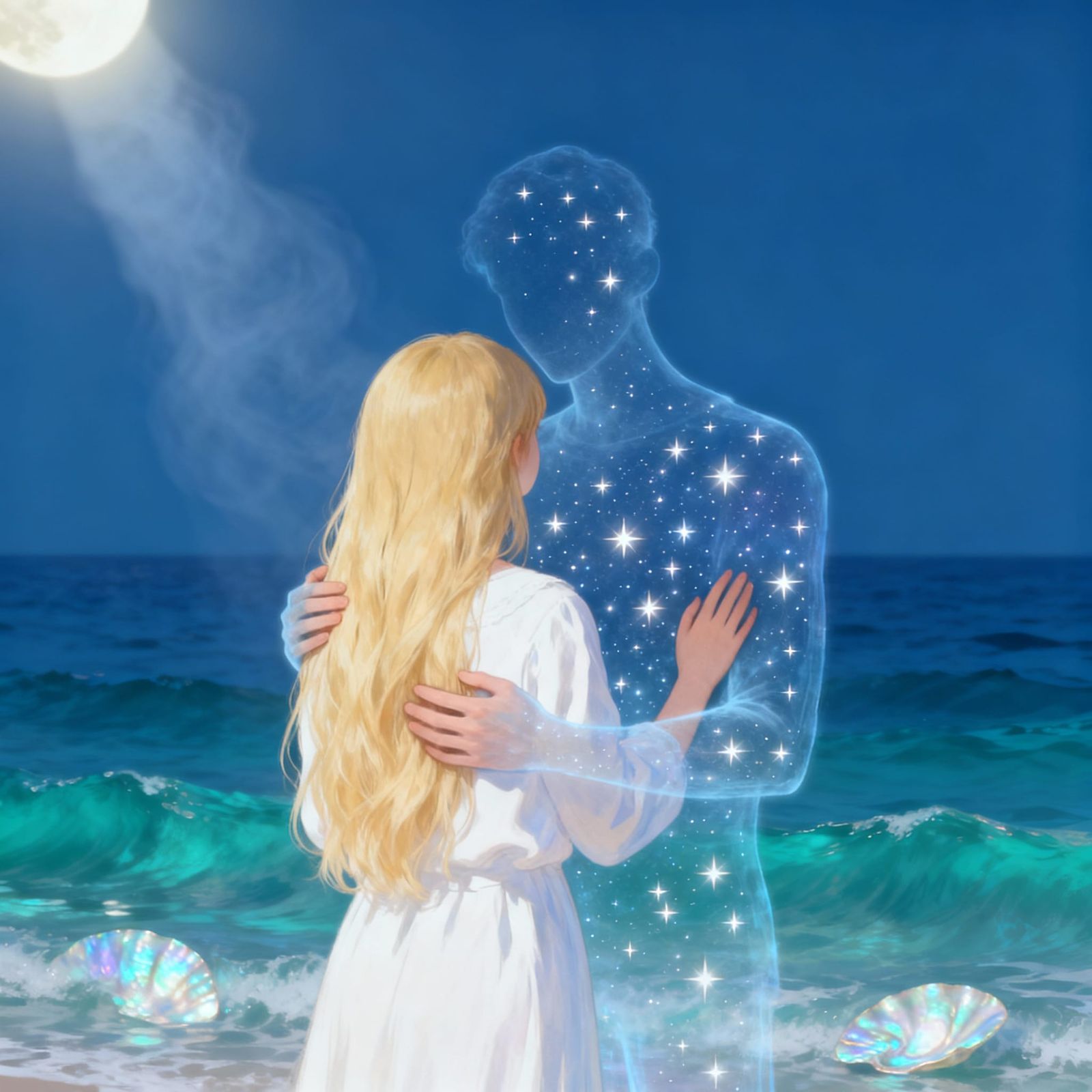 Mystical Girl Embraced by Starlit Phantom in Moonlight