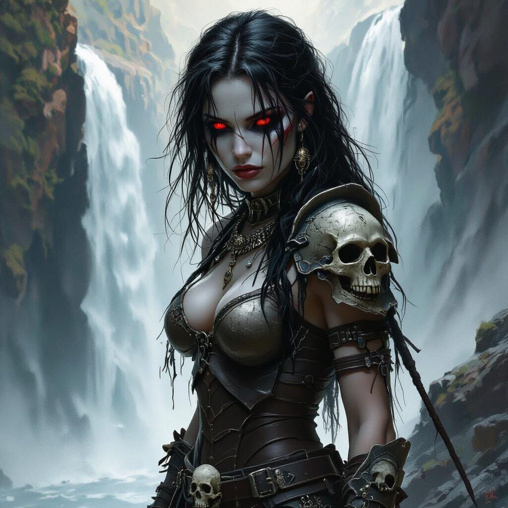 Skalig Warrior Woman at Waterfall's Edge