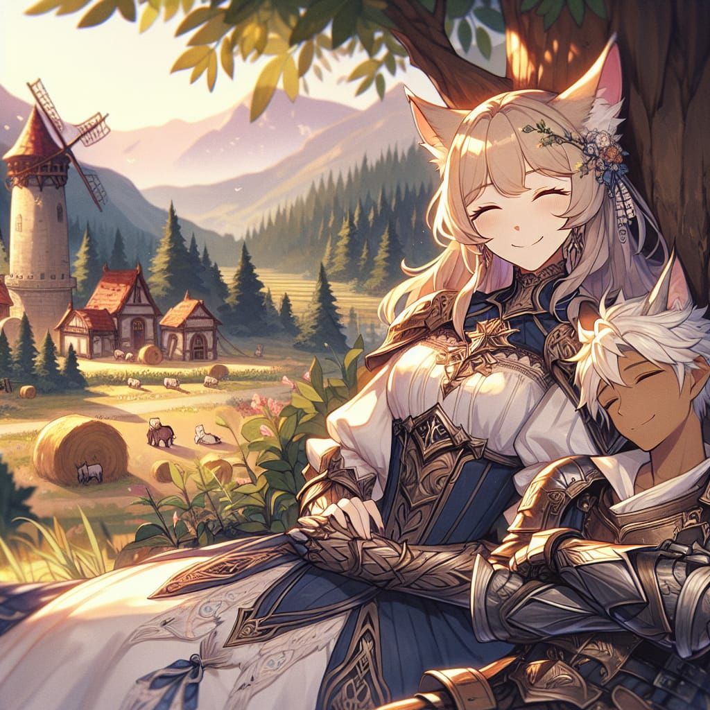 Fantasy Lynx and Companion Resting in Anime Style