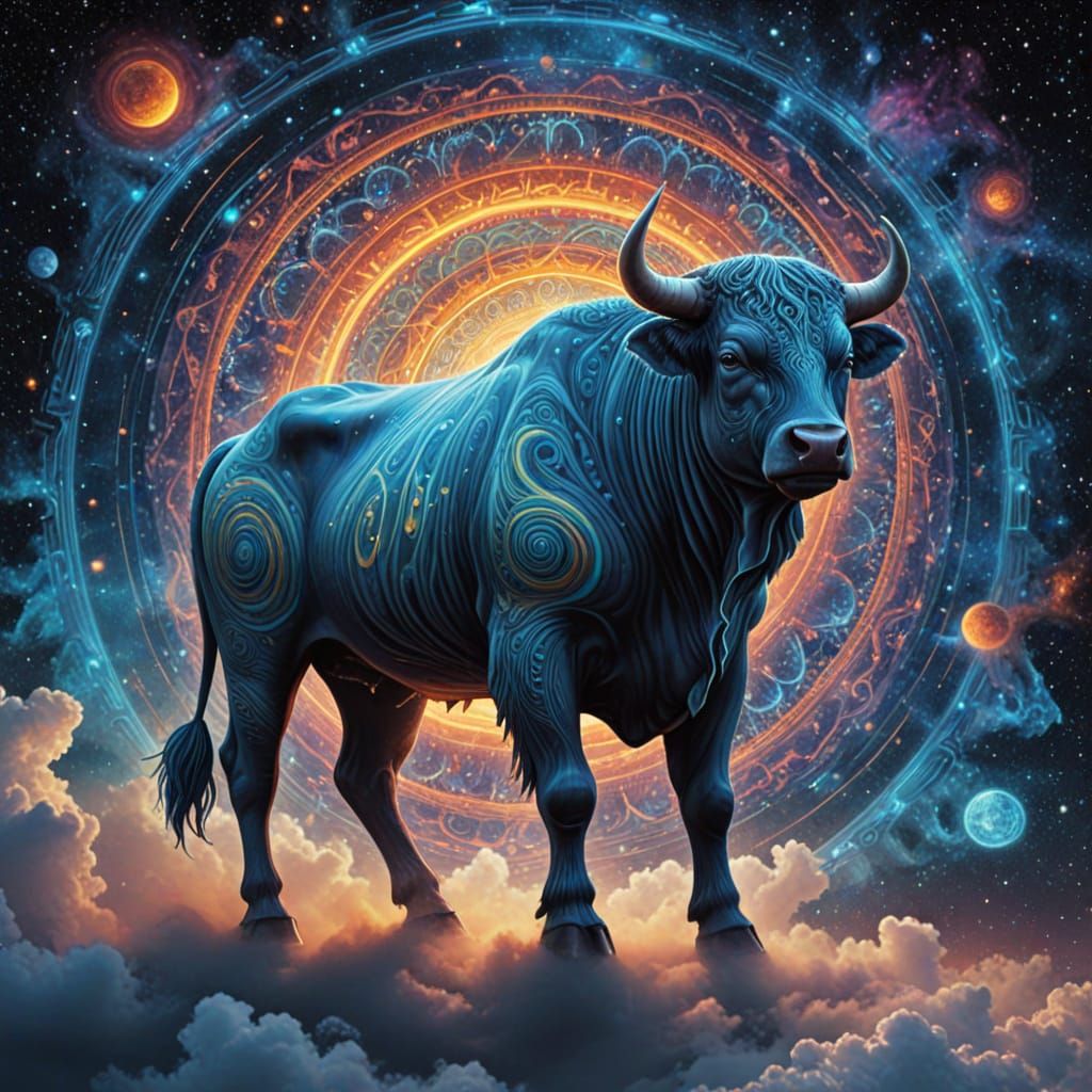 Nebula Bull with Bioluminescent Constellations in Pointillis...