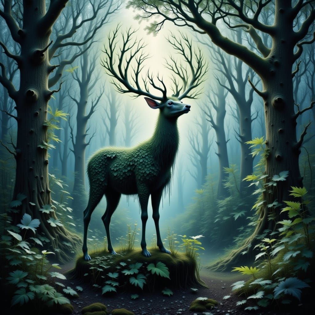 <lora:Photogram Dreams:1.0> <lora:Crazy 2:1.0> <lora:Faefortas FX:1.0> <lora:Psychopomp:1.0> Imagine a ghostly stag, rad...