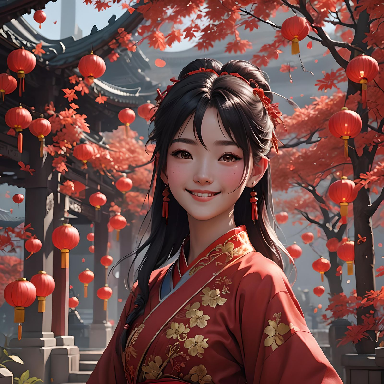 Smiling Chinese Girl in Red: 3D Anime Art