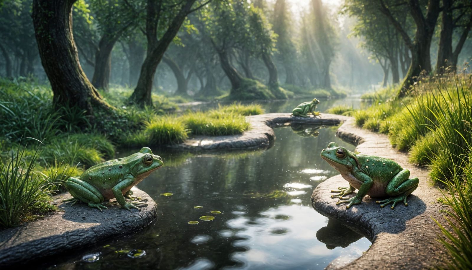 Human-Frog Hybrids Walking by Stream in Hyperrealism