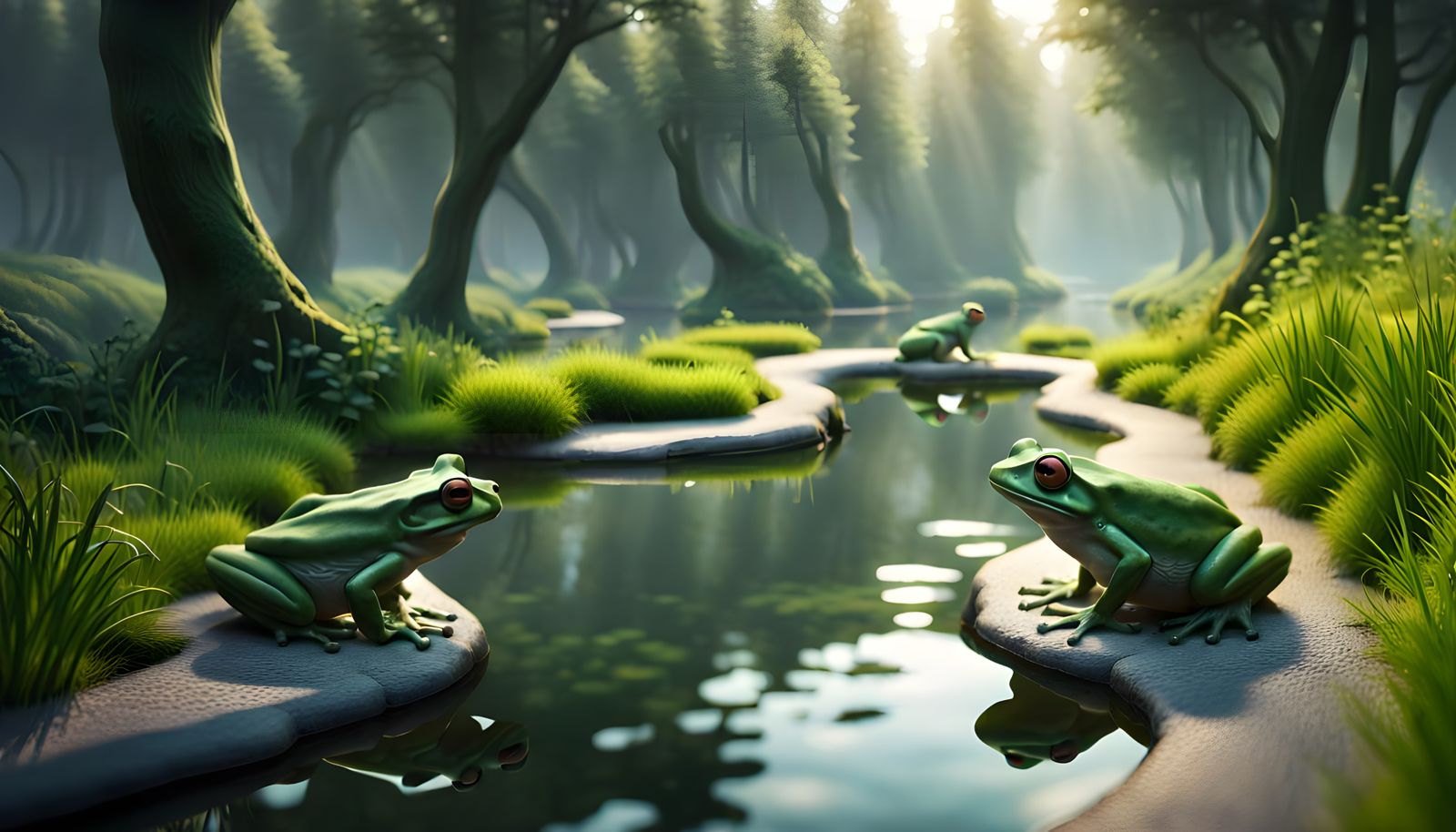 Dewy Frogs in Meadow with Galaxy Tree: Hyperrealism