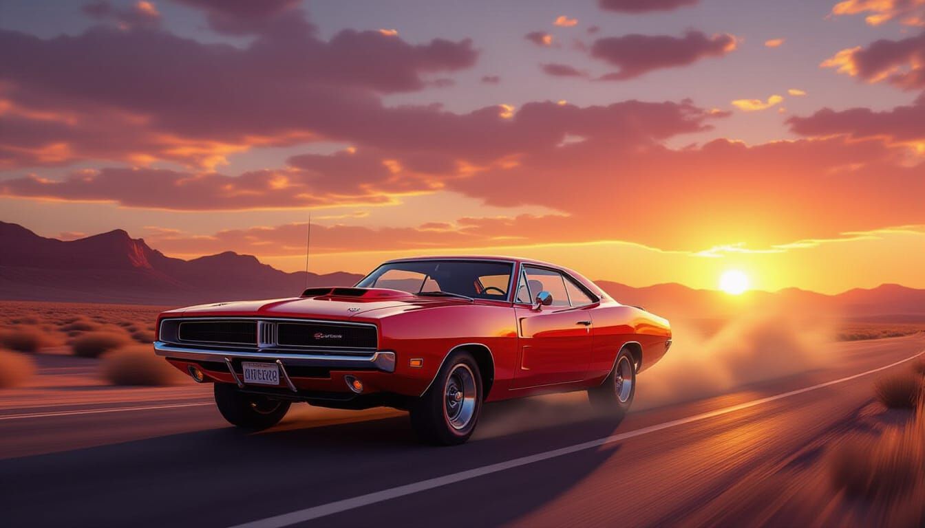 1969 Dodge Charger on Desert Highway at Sunset