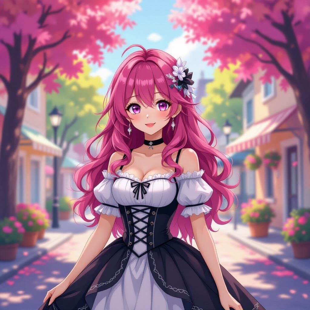 Anime Character Vee in Whimsical Town Square