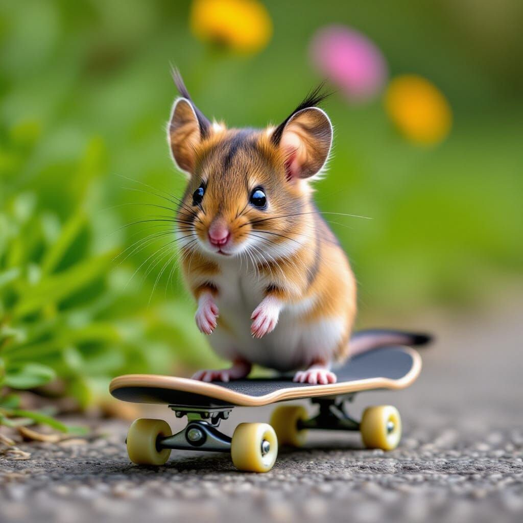 Mouse with Bobcat Ears on Skateboard