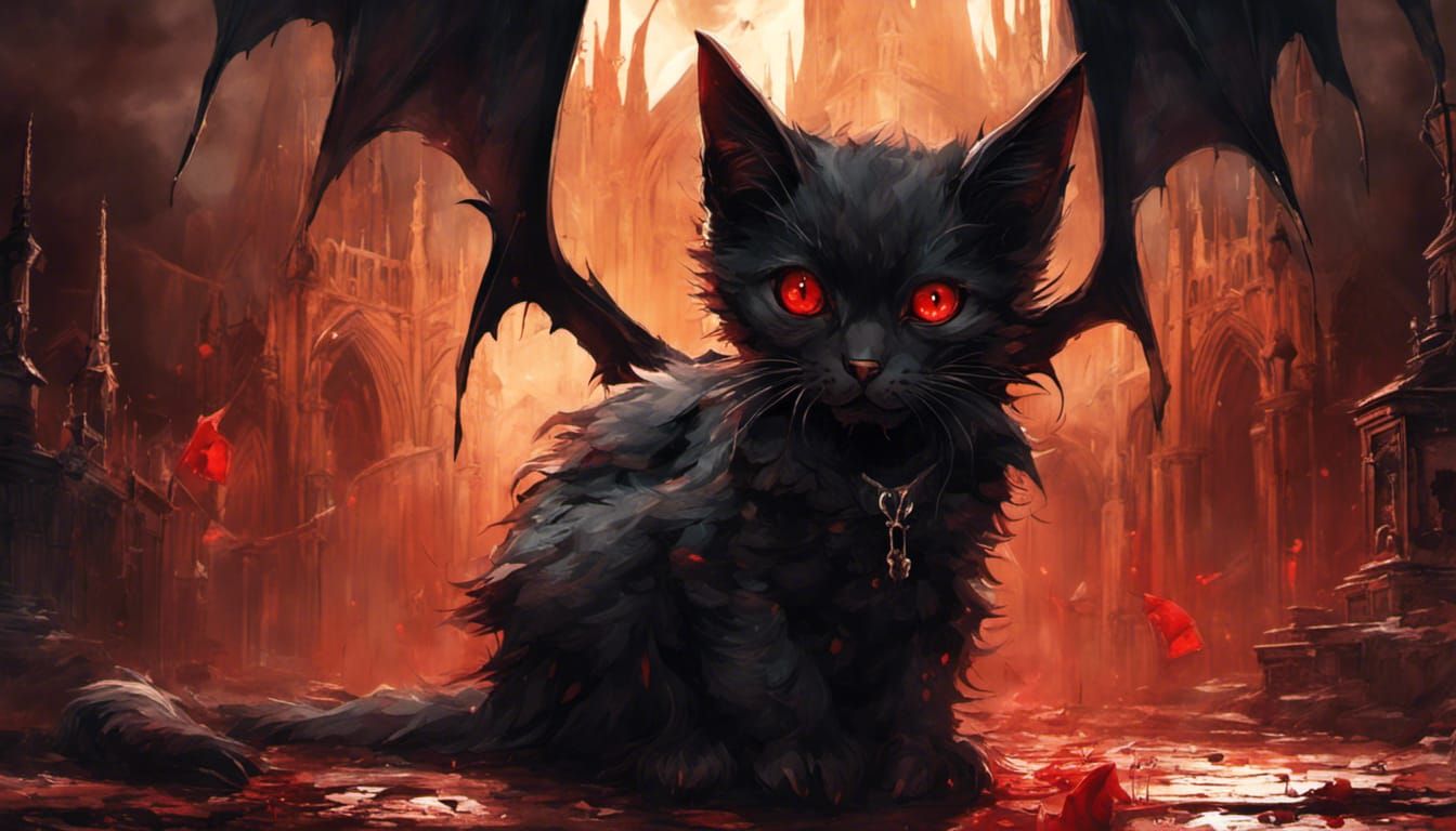 Vampire Kitten in Cathedral, Dark Fantasy Concept Art