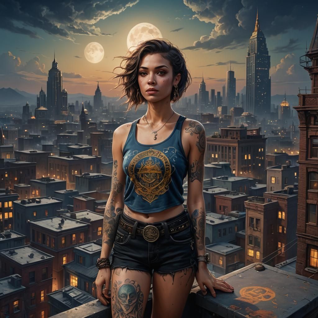 Glamorous Tattooed Woman in Moonlight: Detailed Matte Painti...