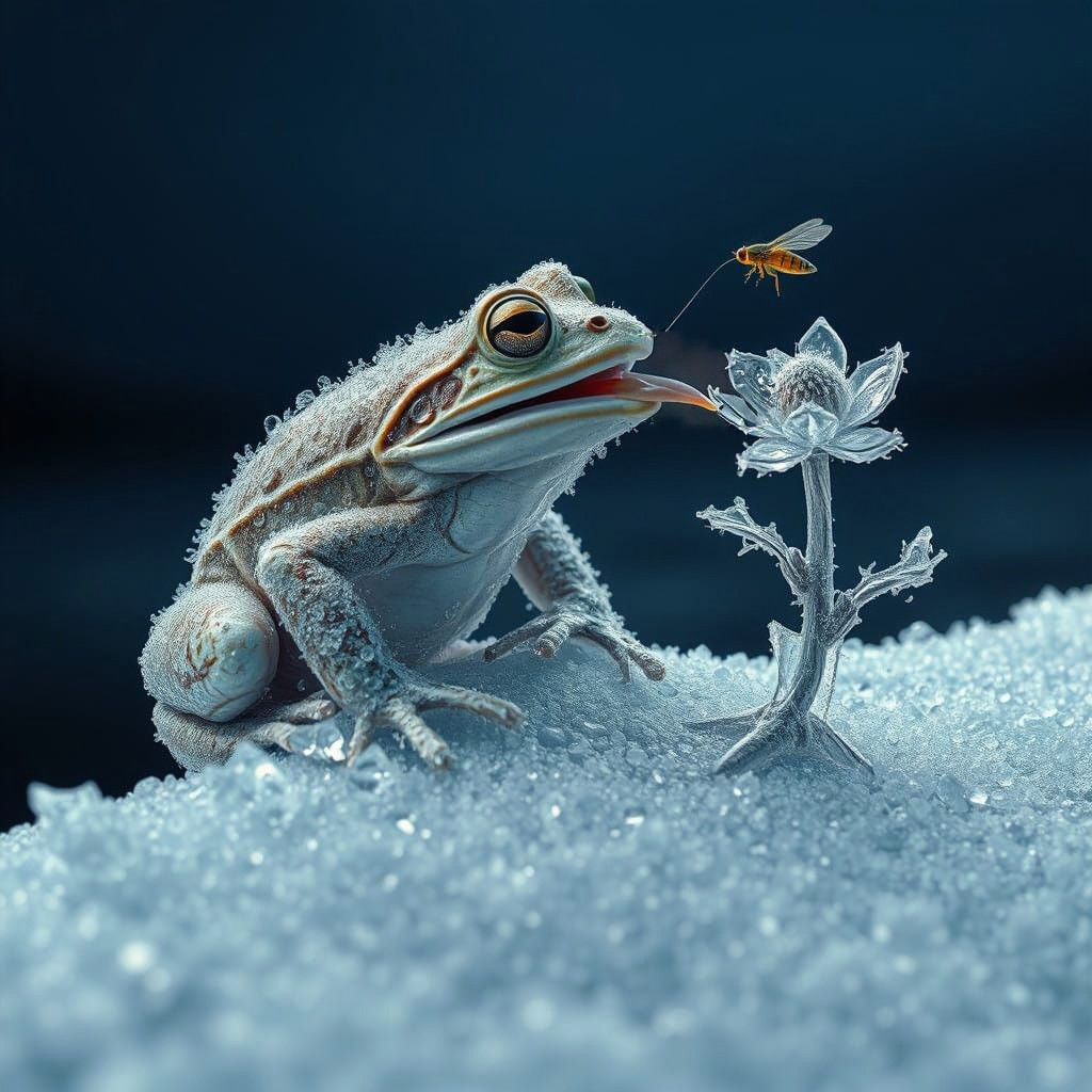 Frosted Frog in Hyperrealistic Winter Landscape