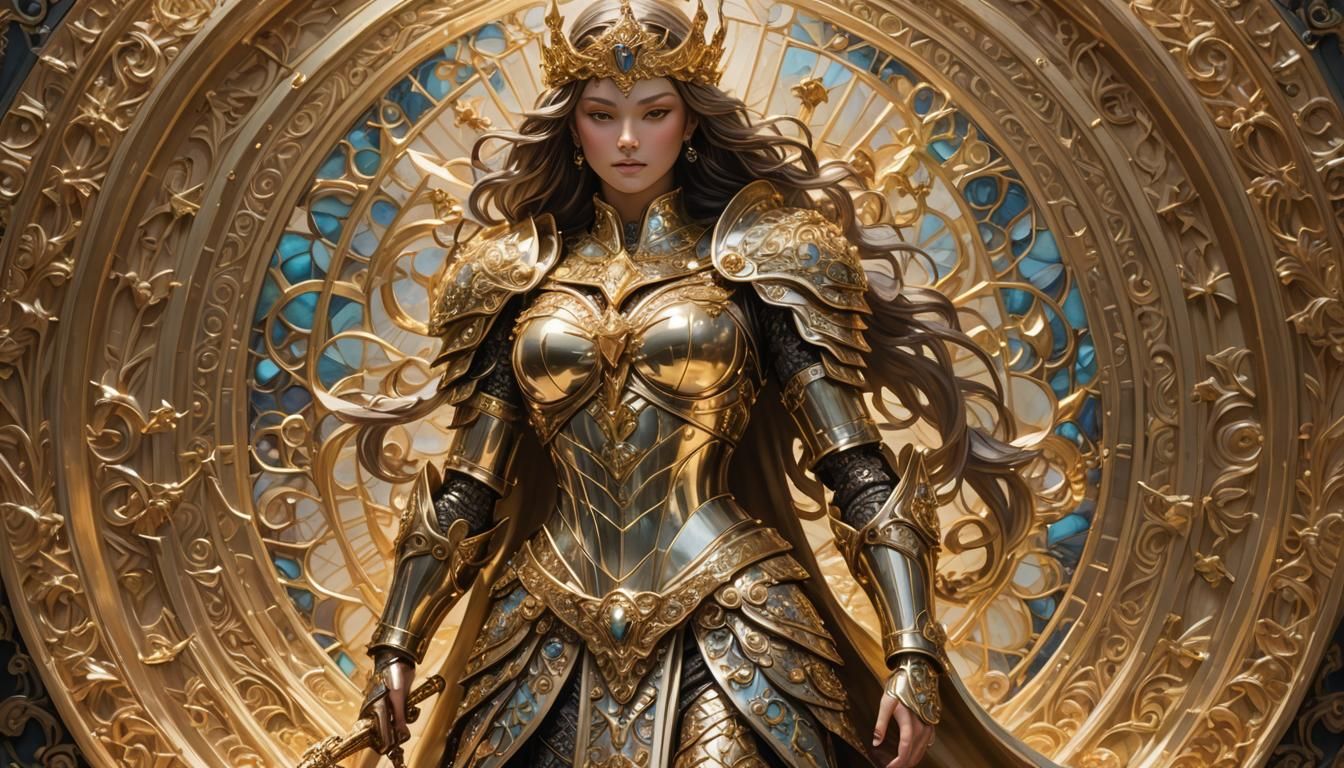 Golden Feminda Figure of Justice in Detailed Armor