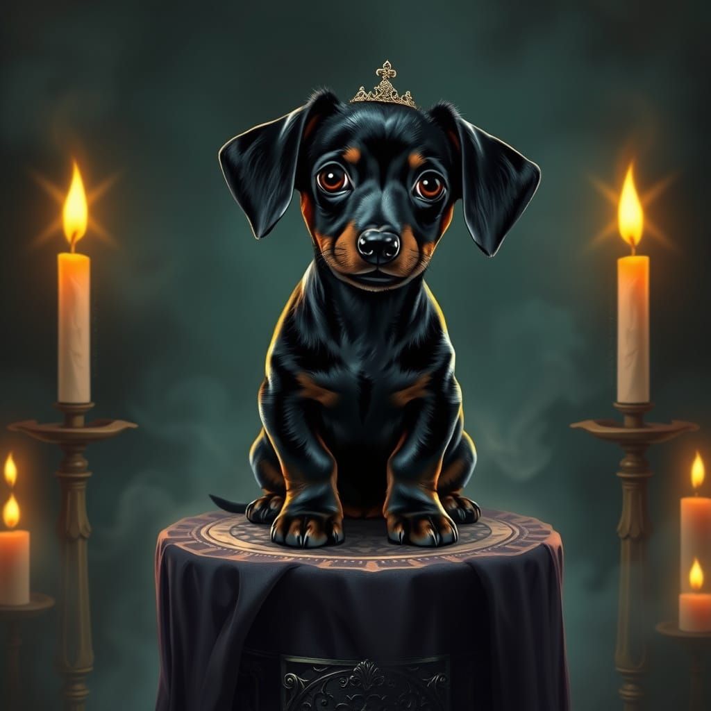 Regal Dachshund Goddess in Dark Mystic Realm