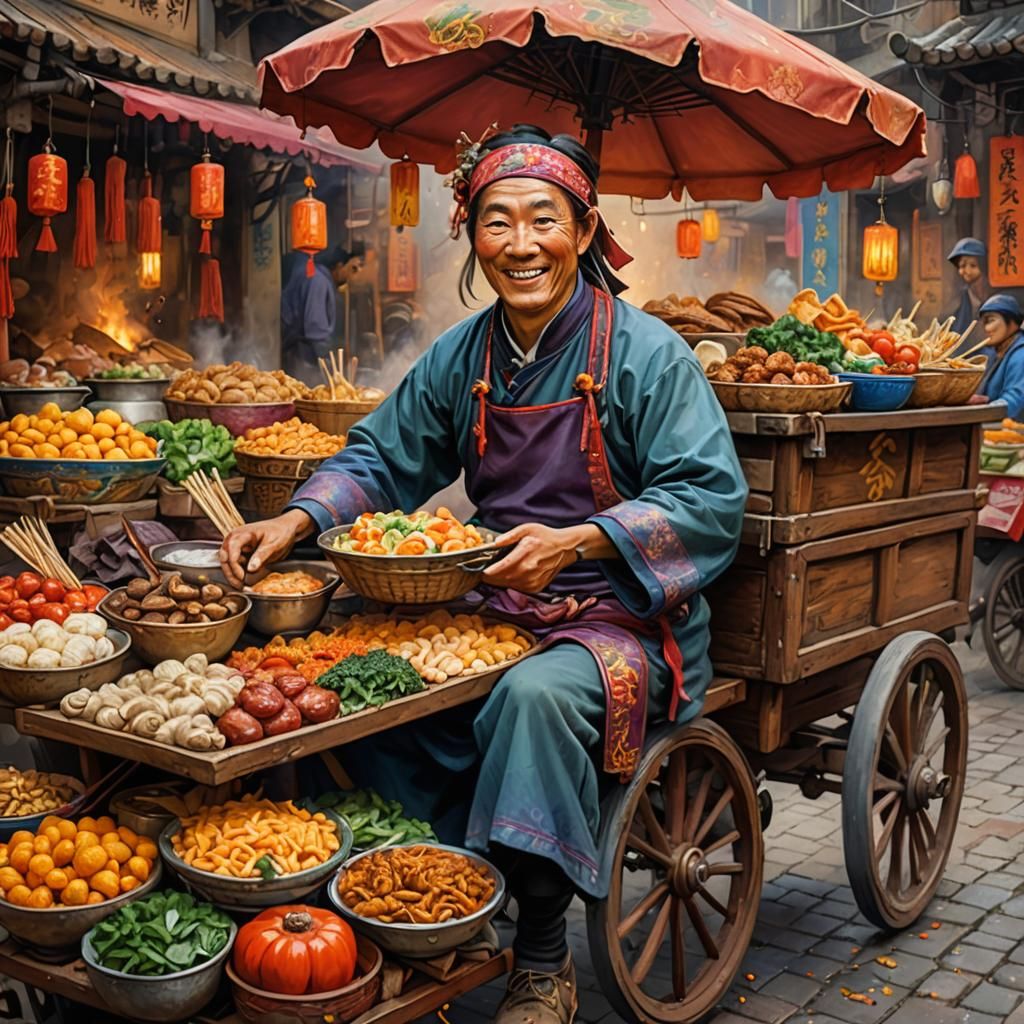 Smiling Chinese Food Peddler in Whimsical Digital Painting