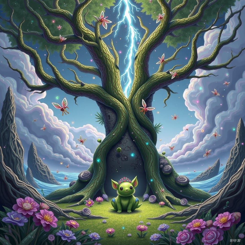 Moss Critter and Lightning Tree in Dreamlike World