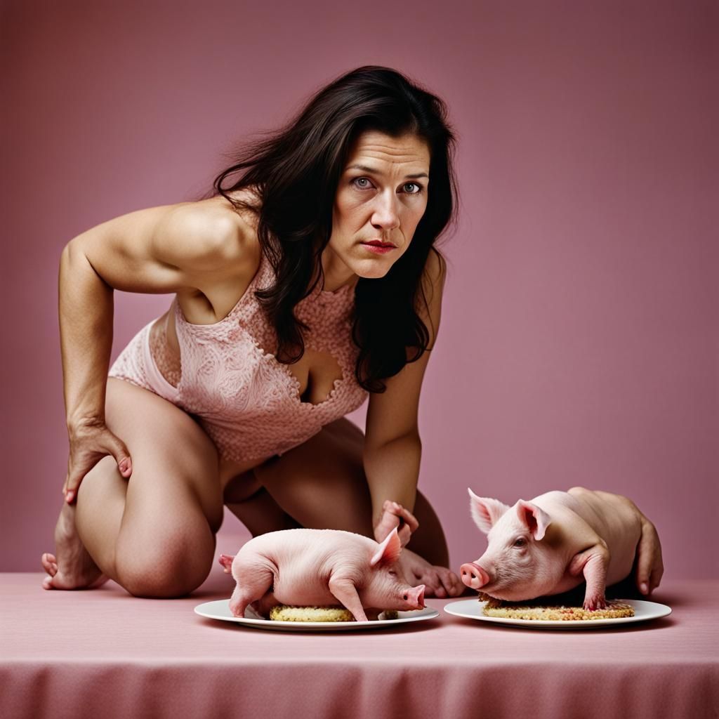 Human-Pig Hybrid Eats Cake in Professional Portrait