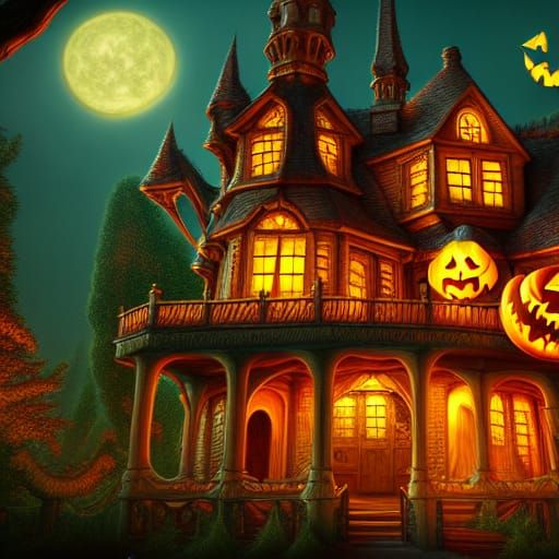 Sinister Halloween Treehouse Mansion in Detailed Digital Pai...