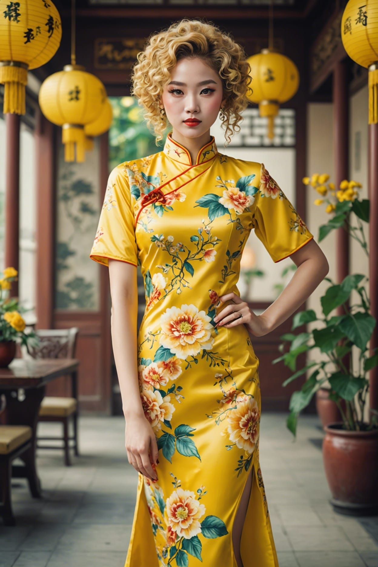 Watercolor of Woman in Qipao with Yellow Flowers