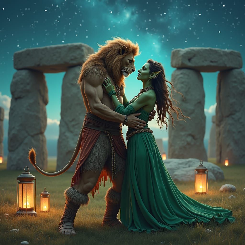 Lion and Goblin Dance at Stonehenge Under Stars
