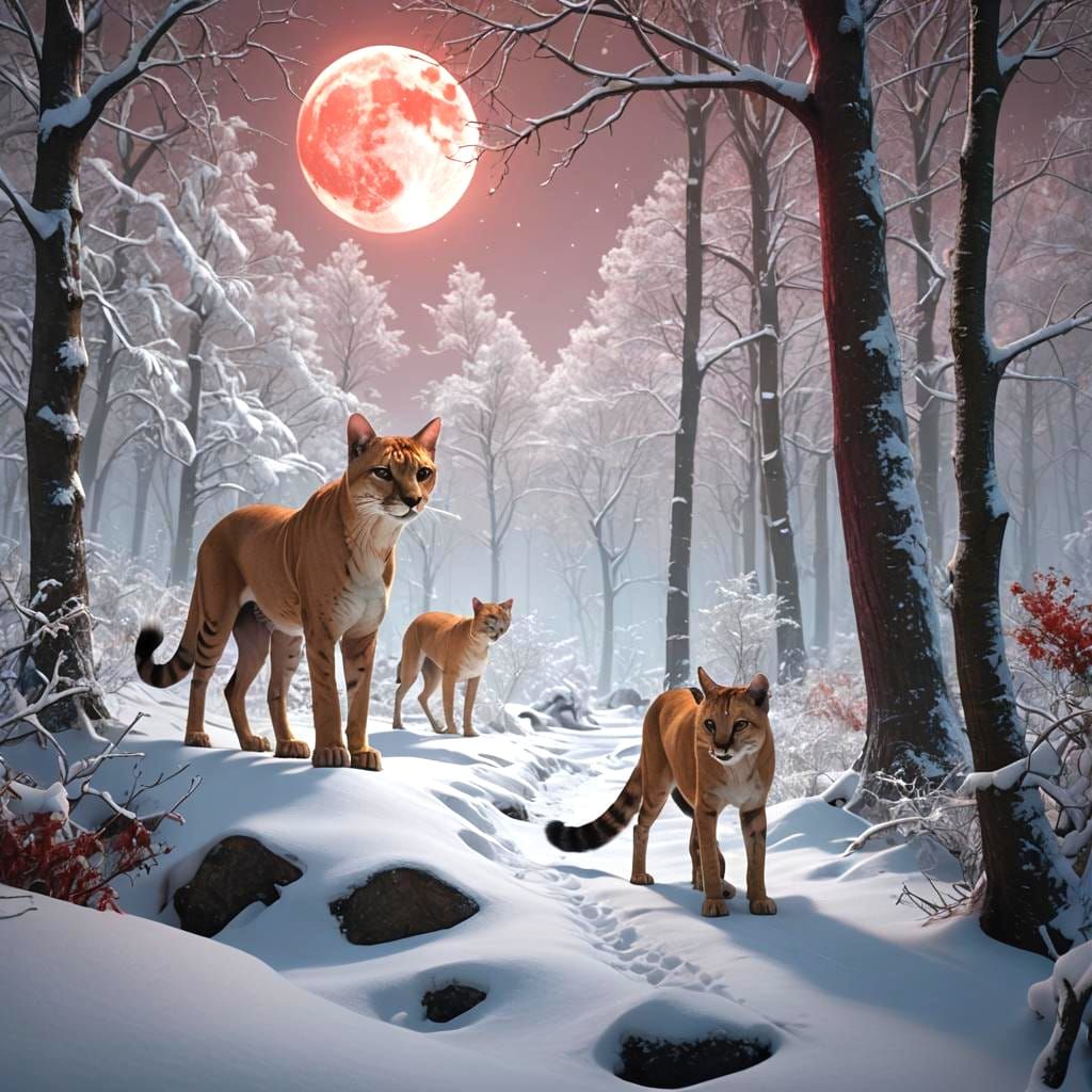 Red Sphynx Cheetah Stalking Wolf in Snow Forest