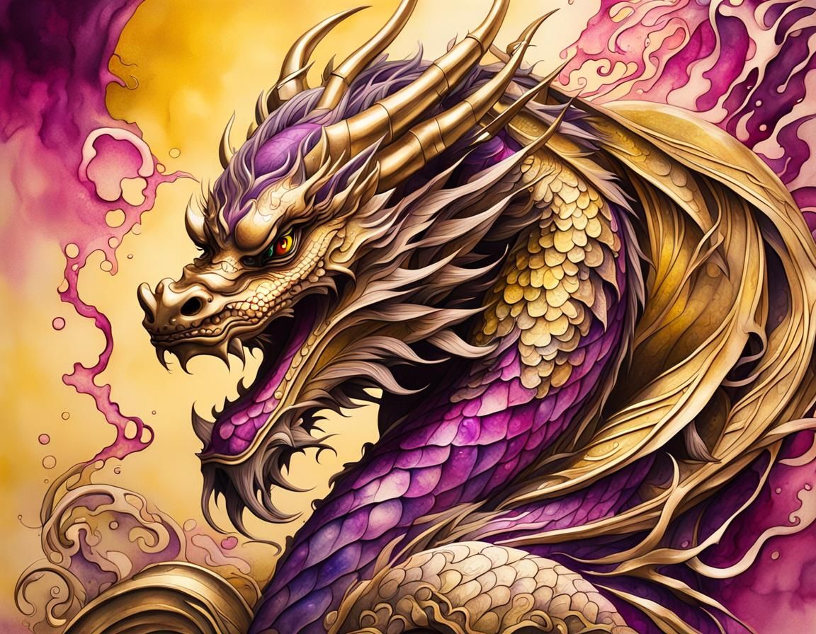 Geisha with Dragon Tattoo in Hyperrealistic Art Nouveau