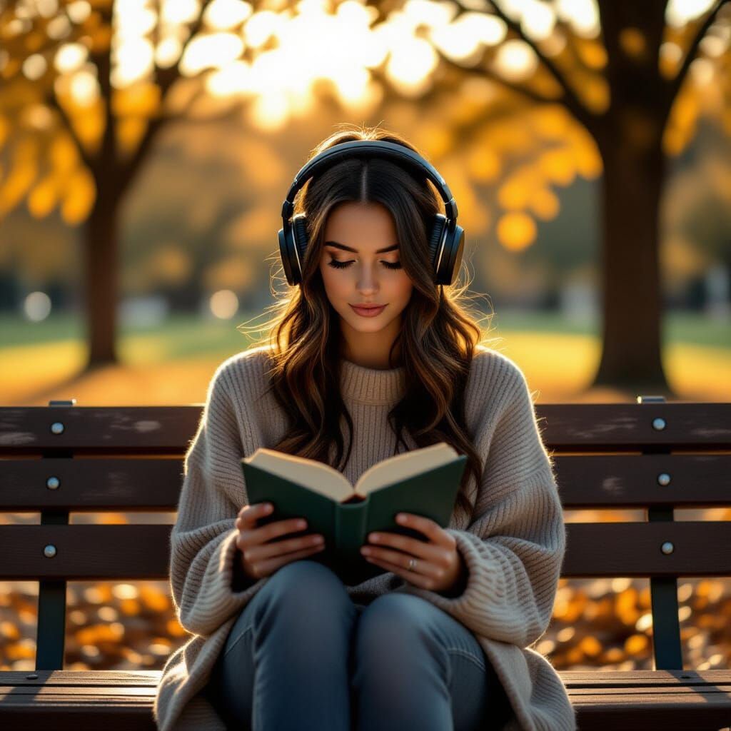 Woman Reading with Headphones in Golden Hour Light