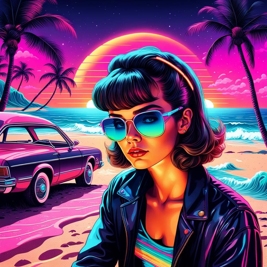 Retro Synthwave Album Cover with Beach Scene