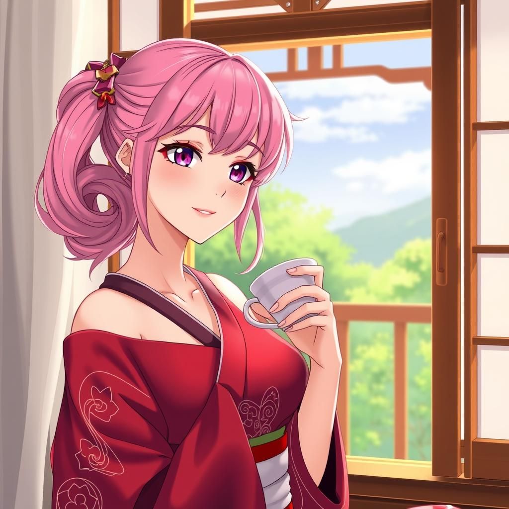 Pink Haired Woman Drinking Tea: Anime Style
