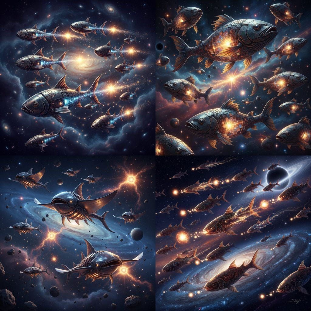 Metallic Space Fish Creating Stars in Cosmic Art