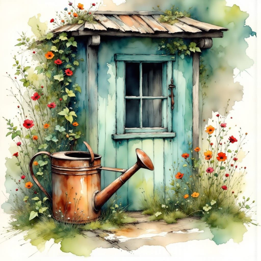 Watercolor Painting of a Rusty Watering Can by a Rustic Shac...
