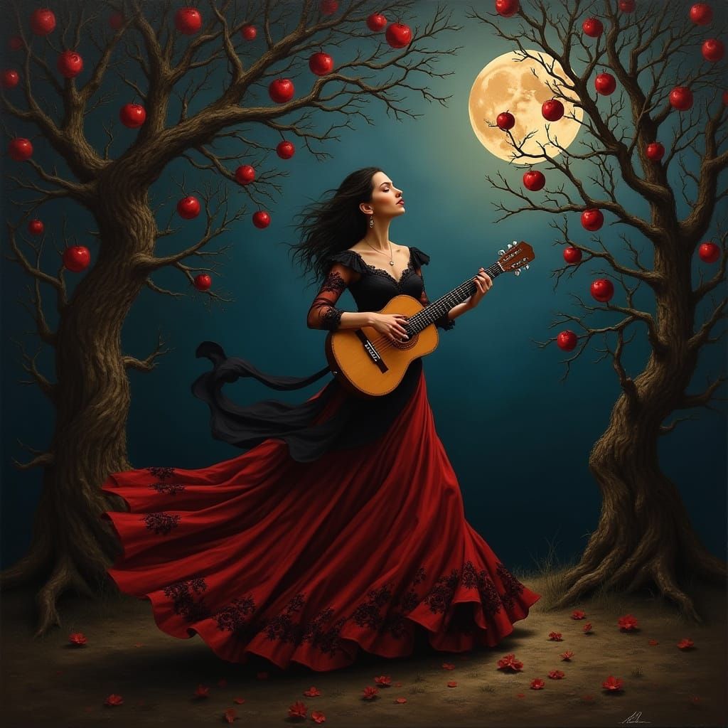 Flamenco Guitarist Under Moonlit Apple Trees