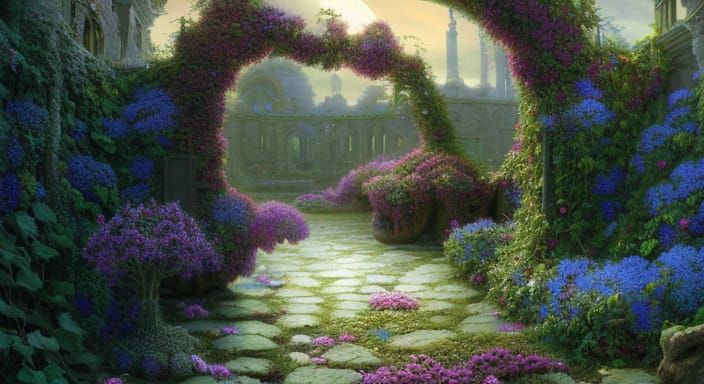 Fantasy Flower Garden with Sci-Fi Architecture