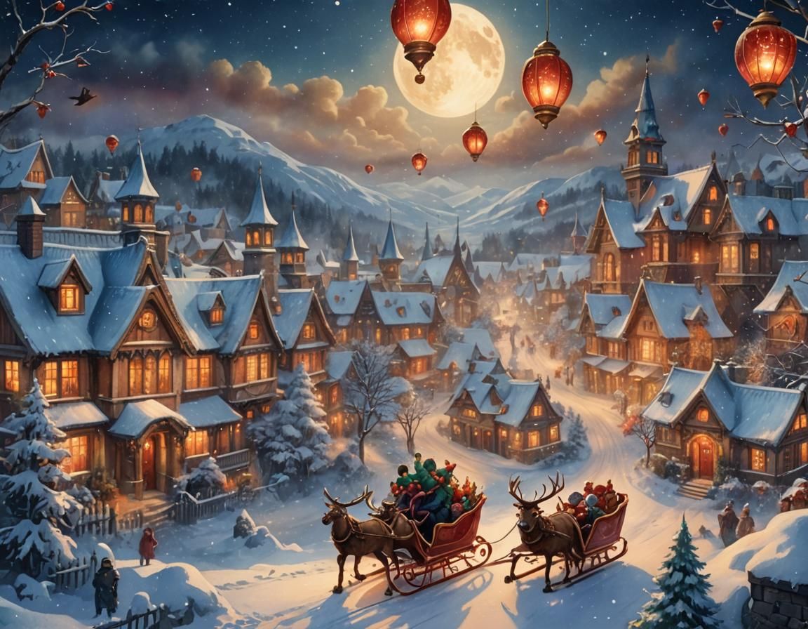 Victorian Christmas Card with Santa's Sleigh in Watercolor