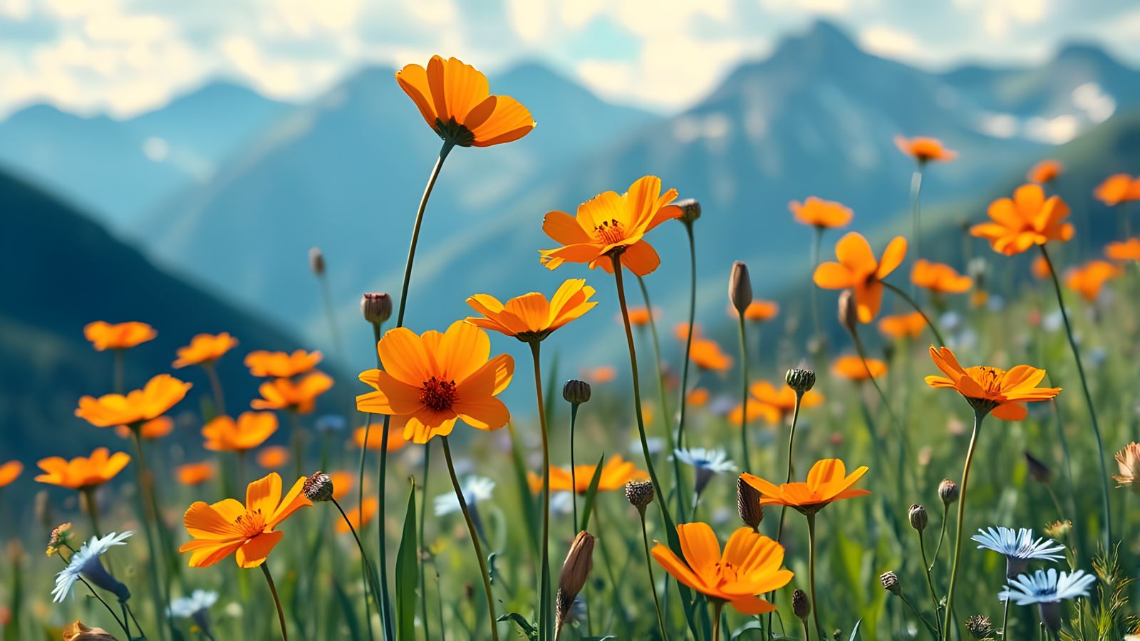 Orange and Blue Wildflowers in Mountain Meadow