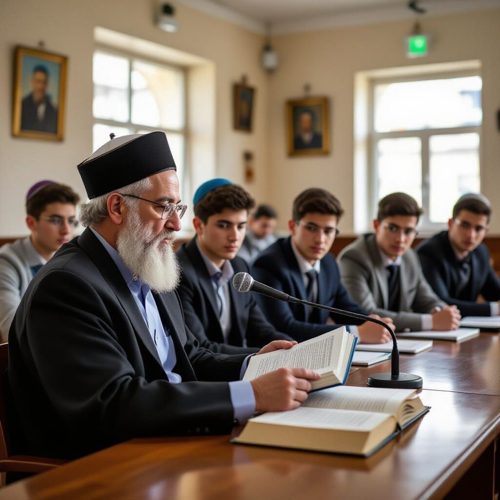 Rabbi Teaching Young Men in Yeshiva with Books and Microphon...
