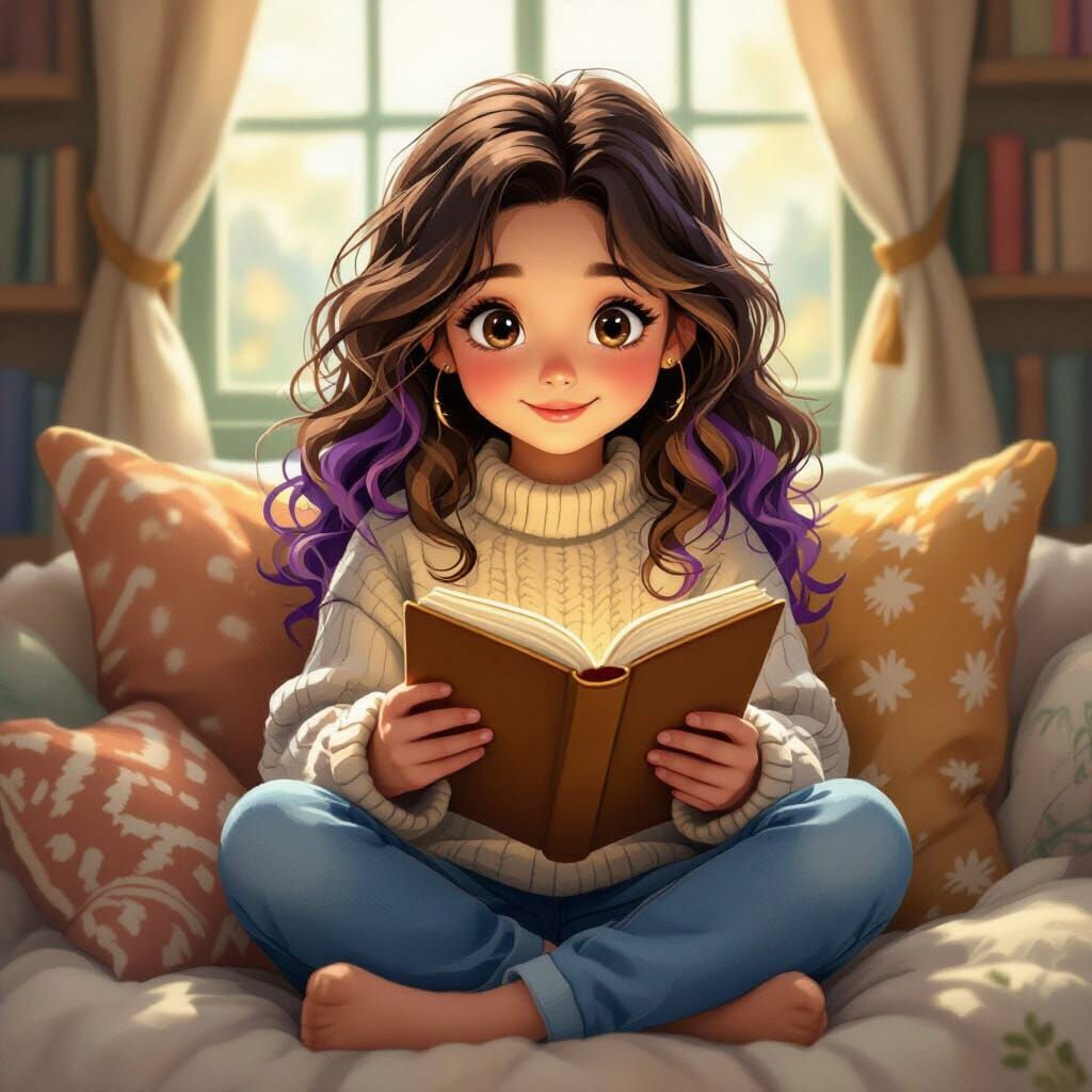 Girl Reading Book in Whimsical Vibrant Style