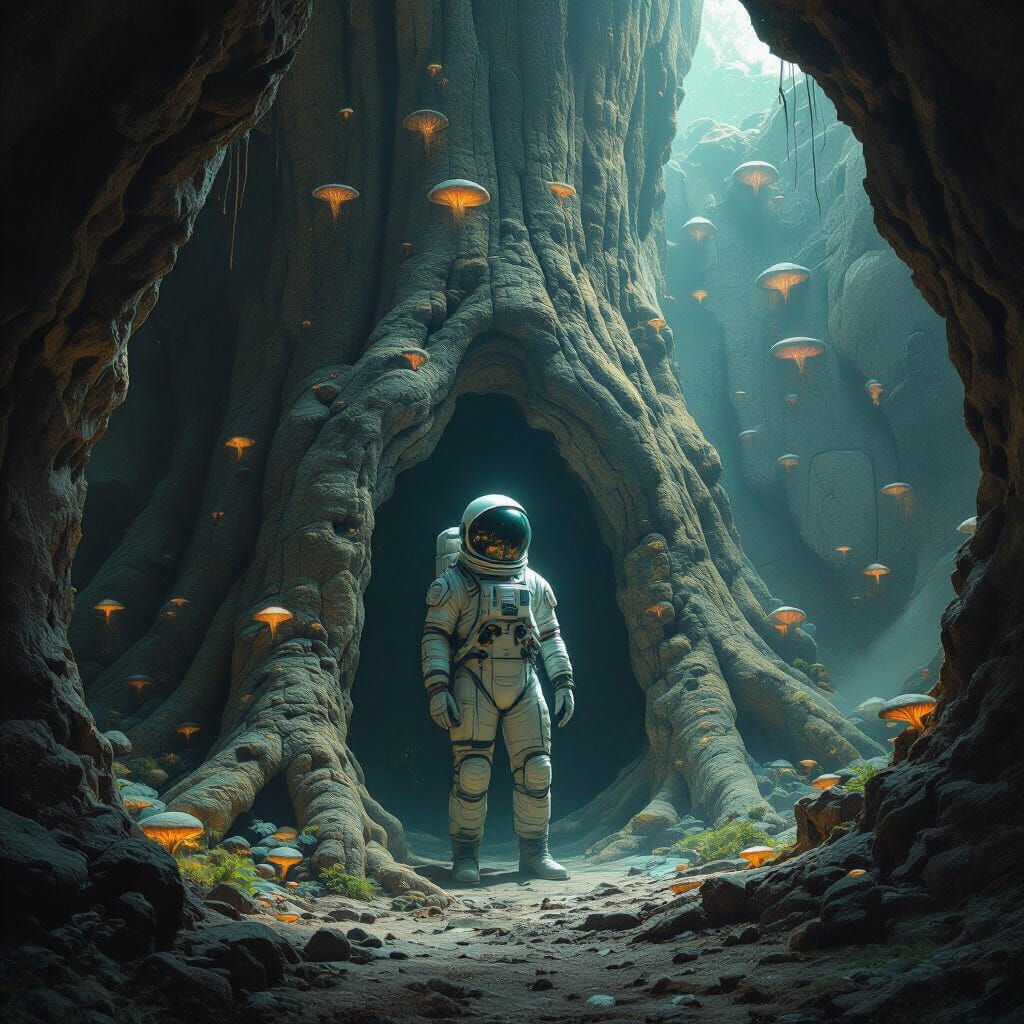 Astronaut Discovering Chamber in Petrified Exoplanet Tree