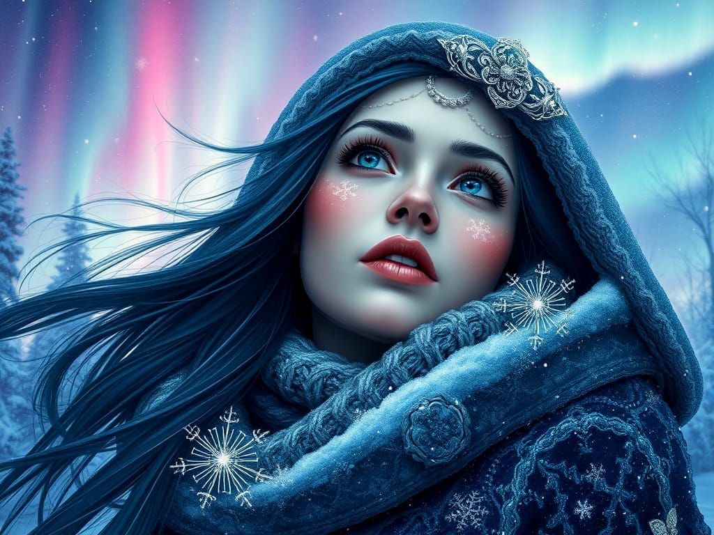 Woman in Snowy Aurora Landscape with Fractal Filigree