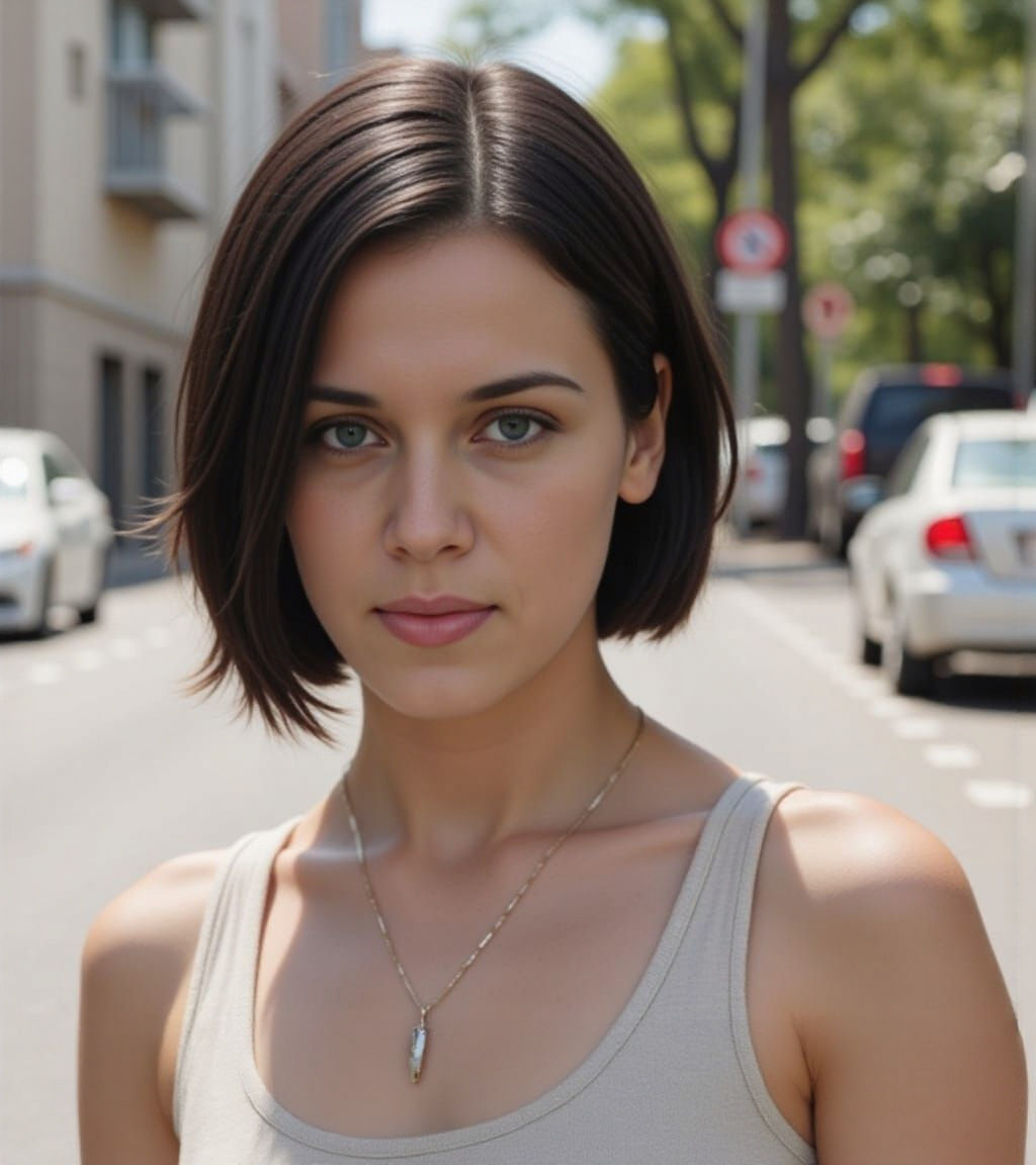 A Young Woman in a City Street, in Photorealistic Style