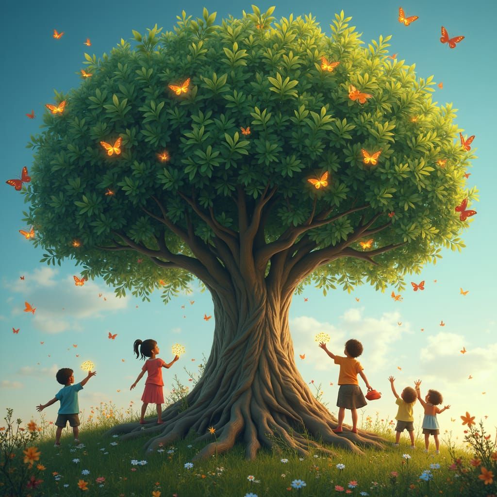 Tree with Hand Roots Supports Children: Digital Art