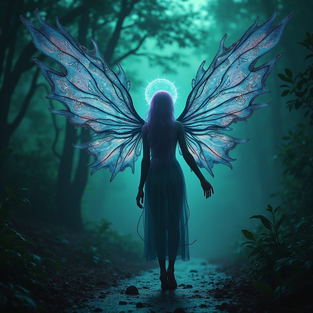 Mystical Alien Demoness in Neon-Green Glow, Dark Botany Styl...