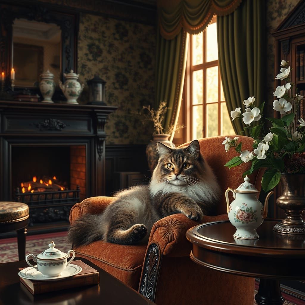 American Curl Cat in Opulent Victorian Room