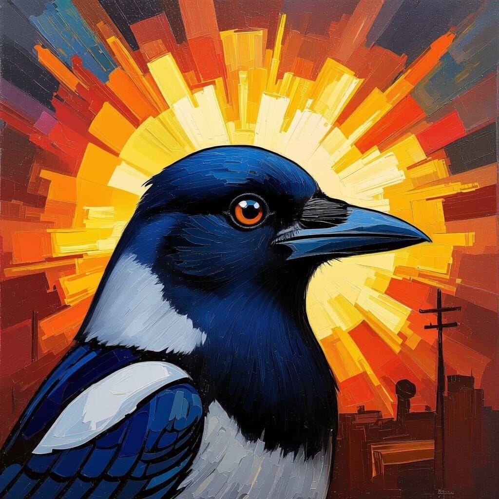 Magpie Headshot in Atomic Fallout, Neo-Impressionist Style