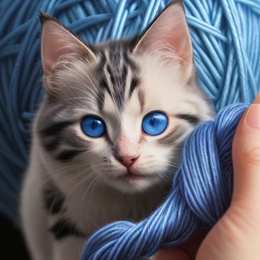 Calico Kitten with Blue Eyes Playing with Yarn