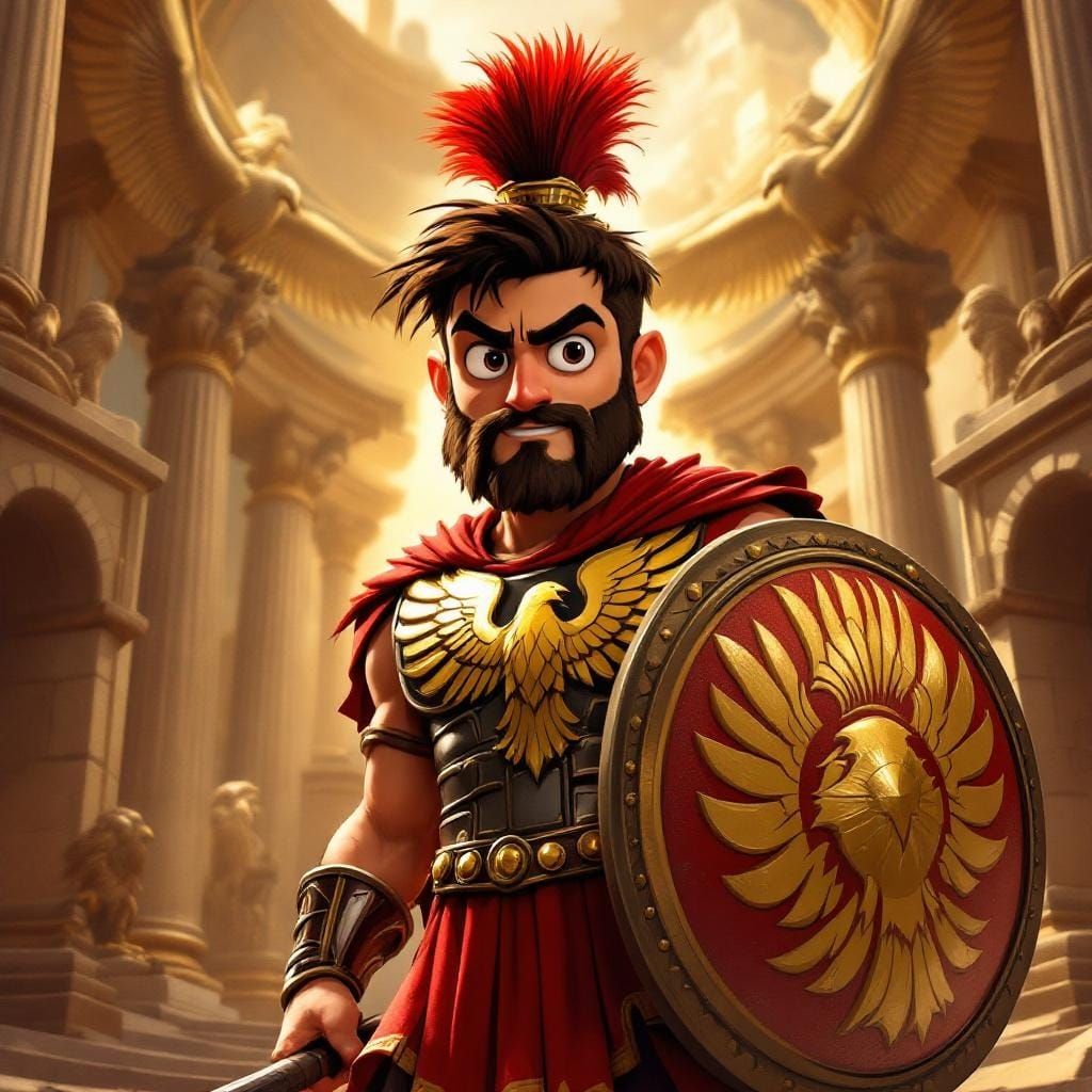 Cartoon Roman Warrior in Red Leather Armor